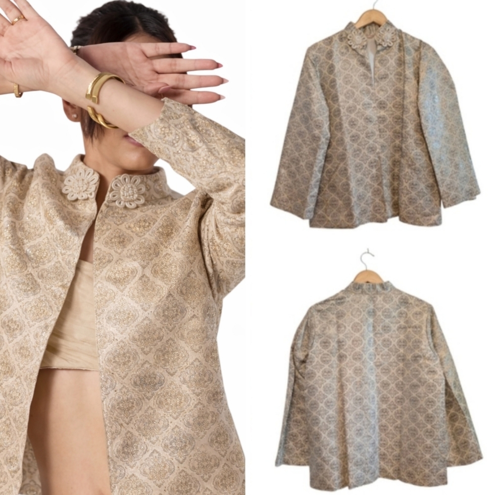 VINTAGE Gold Lamé Brocade Jacket 1950s Couture Frog Closure Japan Medium
